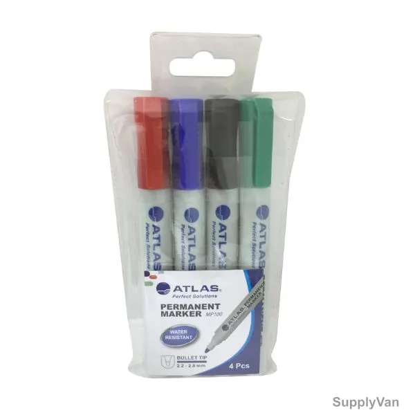Atlas Permanent Marker, AS-MP100-04C, 2.2-2.8MM Tip Size, Assorted Colors, 4 Pcs/Set