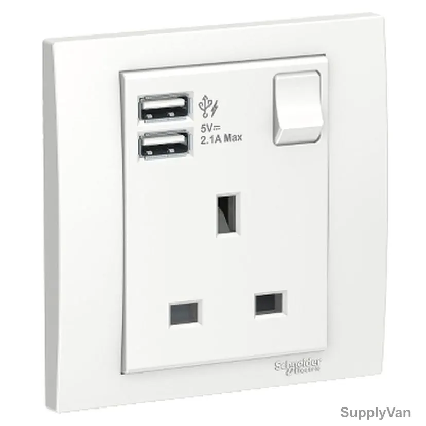 Schneider Electric Single Switched Socket With 2 USB Port, KB15USB-WE, Vivace, 1 Gang, 13A, 220-250V, White