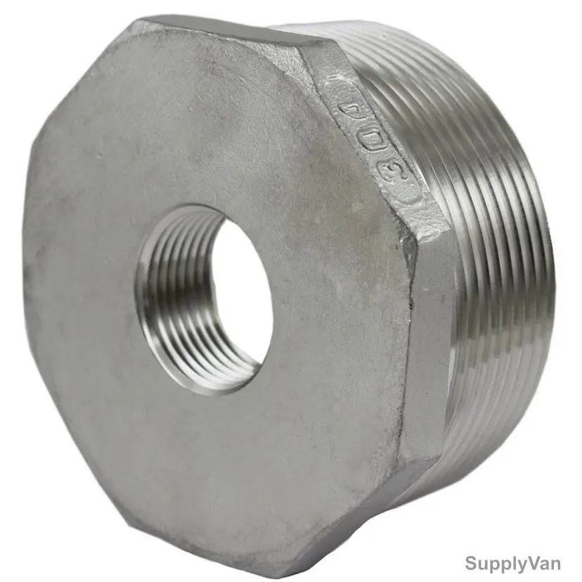 NPT Reducer Bush, CL150, Stainless Steel, Male 1/2 Inch x Female 1/4 Inch