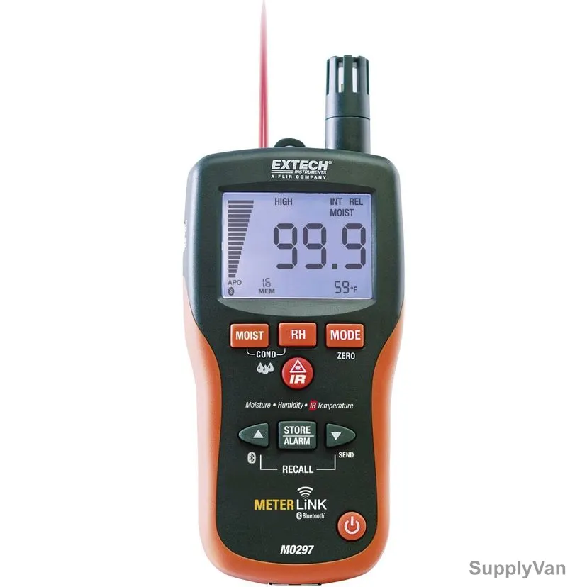 Extech Pinless Moisture Psychrometer With IR Thermometer and Bluetooth MeterLink, MO297, 9V, -29 to 77 Deg.C