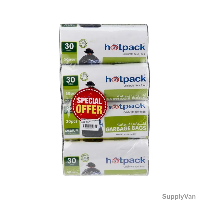 Hotpack Heavy Duty Garbage Bag Roll, PPGBR6595X4PKT, 30 Gallon, 65CM Width x 95CM Length, Black, 120 Bags/Pack
