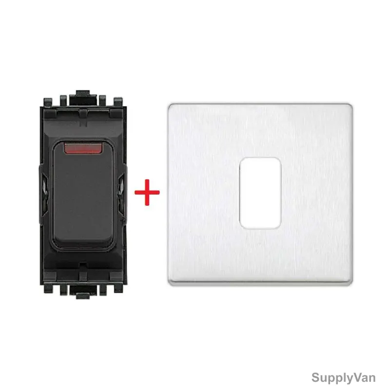 Mk Dual Pole Grid Switch With Neon And 1 Module Frontplate, K4896NB+K24331BSS, 1 Gang, 1 Way, 20A, 2 Pcs/Set