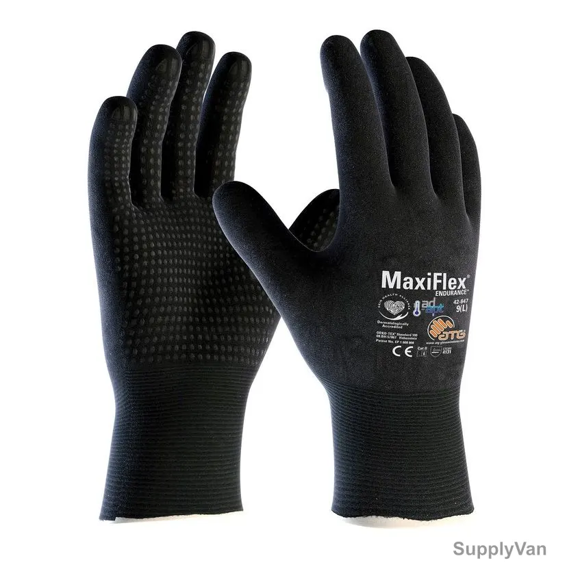 Atg Fully Coated Gloves, 42-847, MaxiFlex Endurance, M, Black
