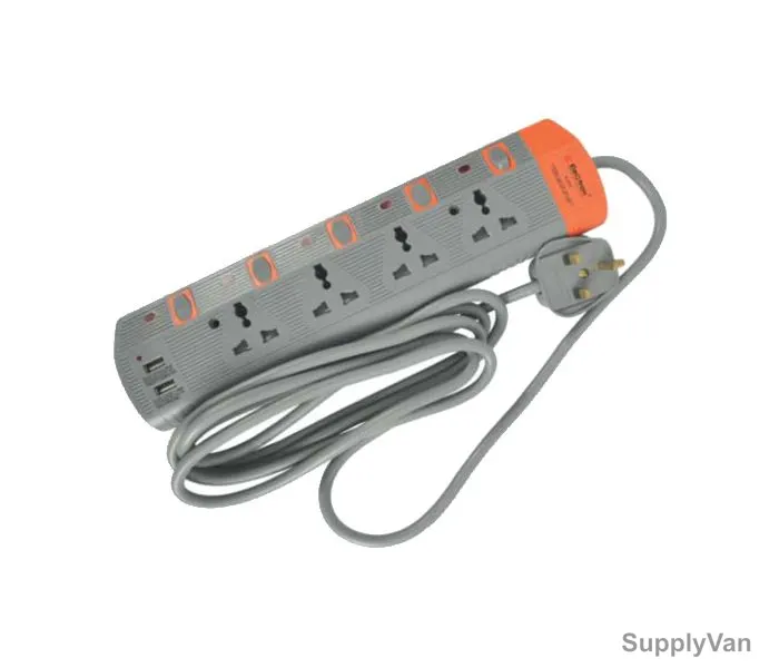 Electron Extension Socket With USB, EL-3010, 3 Mtrs, 4 Way, Grey and Orange