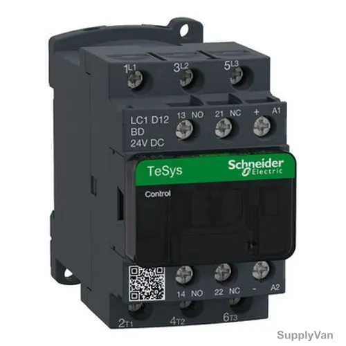 Schneider Electric Contactor, LC1D12BD, TeSys D, IP20, 3 Pole, 440V, 24VDC, 12A, 1NO+1NC