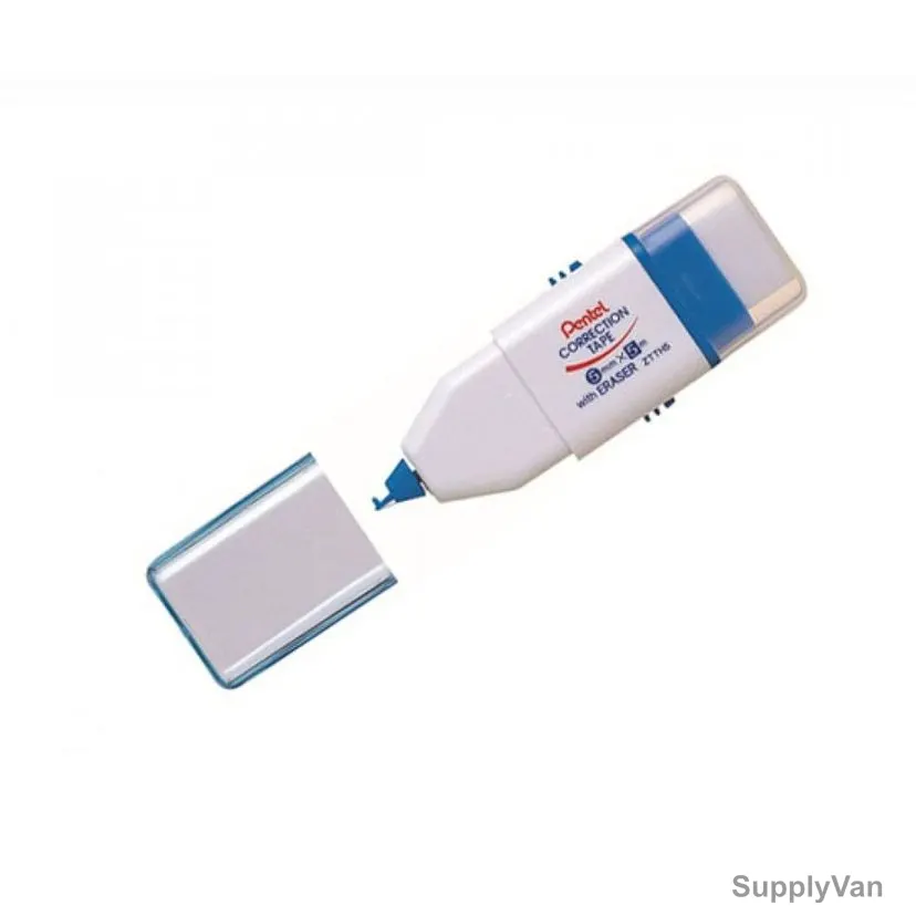 Pentel Dual Function Correction Tape With Eraser, PE-XZTTH5-WE, 5MM x 5 Mtrs, White, 12 Pcs/Pack
