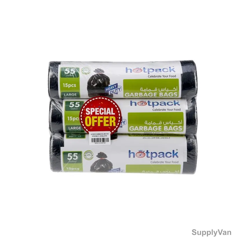 Hotpack Heavy Duty Garbage Bag Roll, PPGBR80110X3PKT, 55 Gallon, 80CM Width x 110CM Length, Black, 45 Bags/Pack