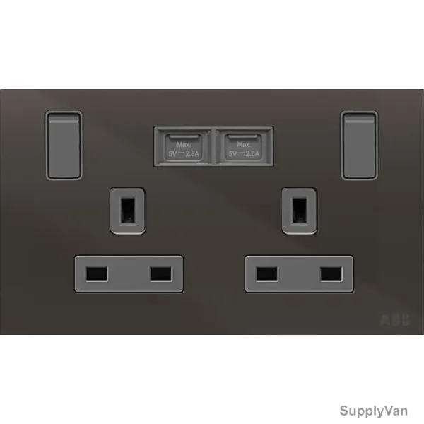 ABB Single Pole Switched Socket With USB Charger, AM235147-BG, Millenium, 2 Gang, 13A, Black Glass