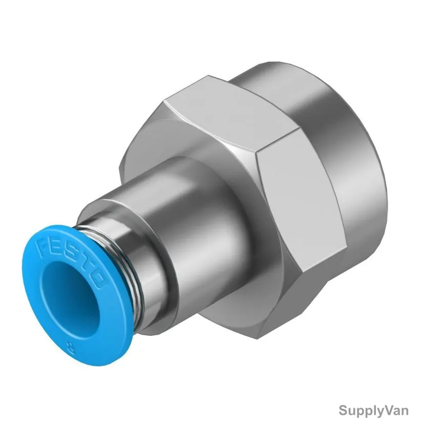 Festo Push-In Fitting, QSF-3-8-8-B, Stainless Steel/Brass, 14 Bar, G-3/8 Female Thread, 8MM Outer Dia — image 1