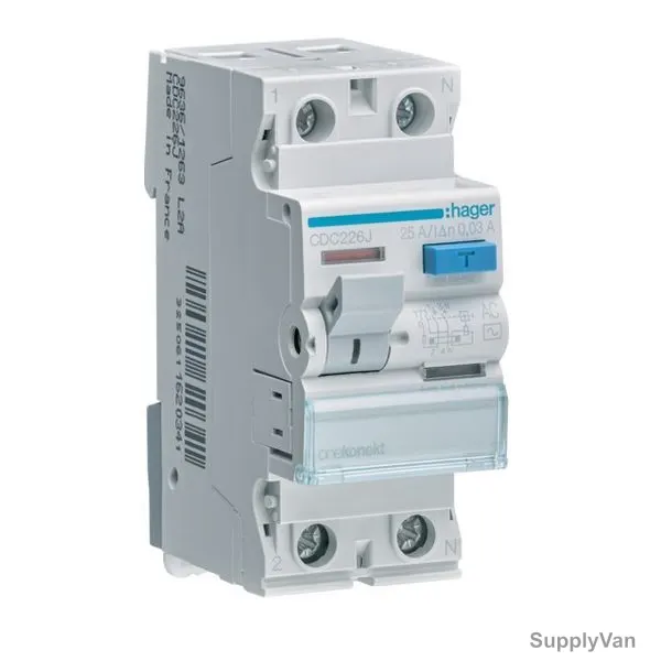 Hager Residual Current Circuit Breaker, CDC226J, 2P, 30 mA, 25A
