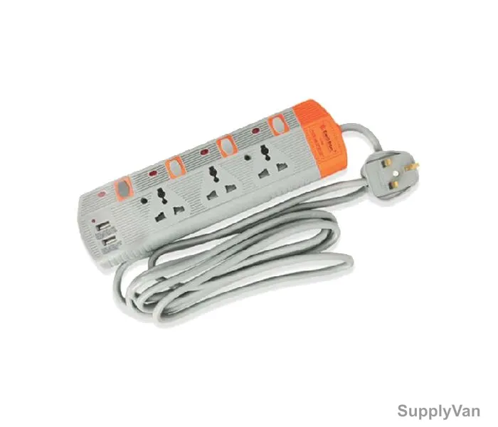 Electron Extension Socket W/ USB, EL-3009, 3 Mtrs, 3 Way, Grey and Orange