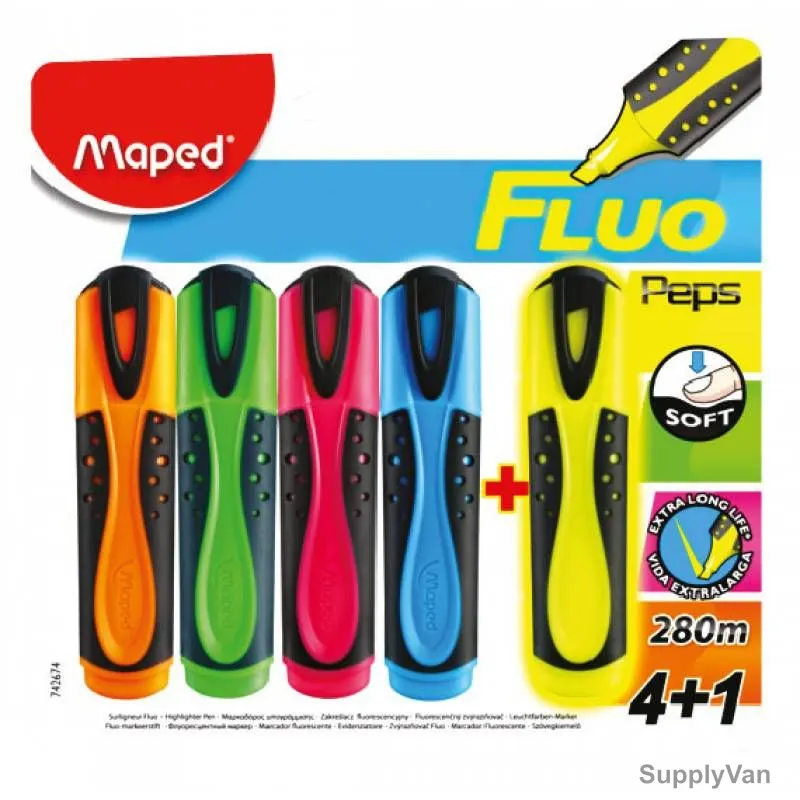 Maped Fluo Peps Highlighter, MD-742674, Assorted Colors, 4+1 Free