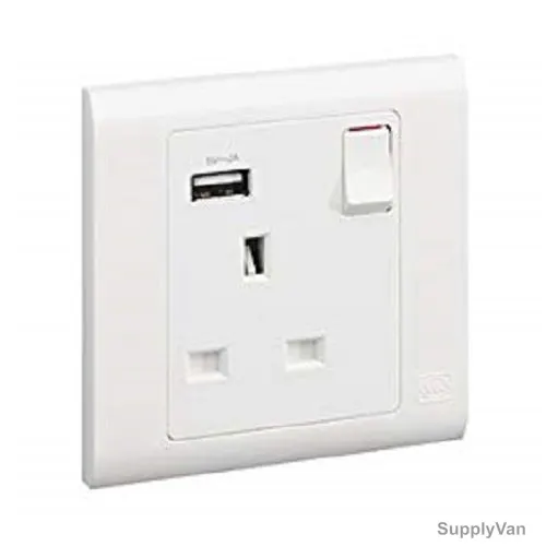 Mk Dual Pole Switch Socket With USB Port and Dual Earth Station, MV24354WHI, Essential, Polycarbonate, 1 Gang, 13A, White