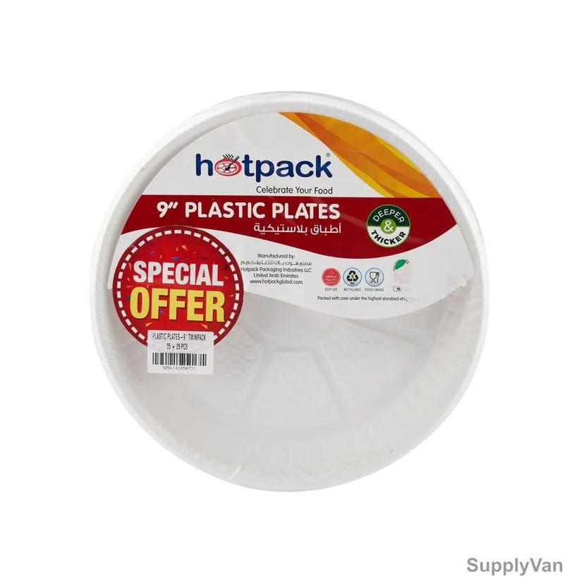 Hotpack Disposable Plastic Plate, PPRPP9DX2, 9 Inch Dia, White, Twin Pack, 50 Pcs/Pack — image 1