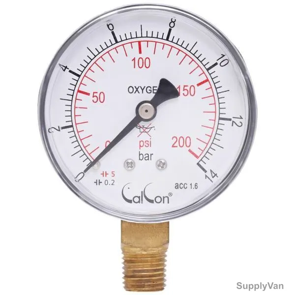 Calcon Actylene Pressure Gauge, CC151A, 63MM, 1/4 Inch, NPT, 0-200 Psi