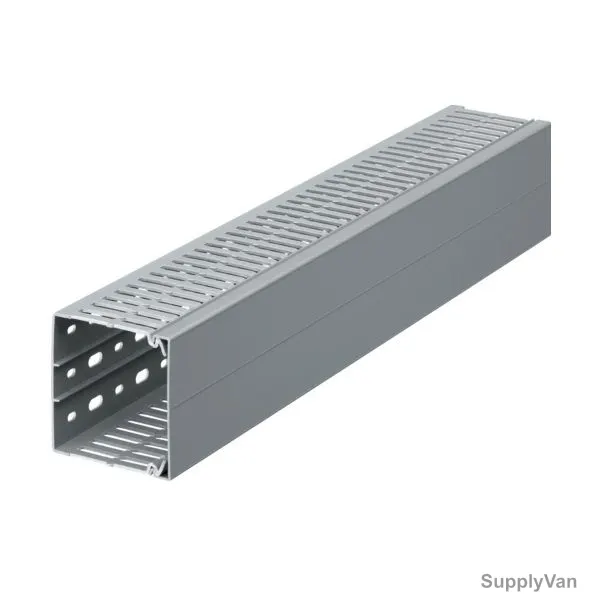 Hager Slotted Panel Trunking, BA7A80080, PVC, 80MM Height x 80MM Width, 2 Mtrs Length, Stone Grey