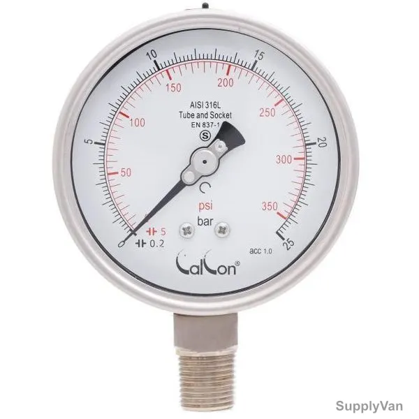 Calcon Pressure Gauge, CC20A, 100MM, 1/2 Inch, NPT, 0-25 Bar