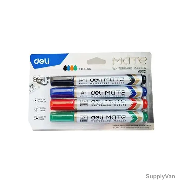 Deli Mate Dry Erase Whiteboard Marker, 2-5MM Chisel Tip, Multicolor, 4 Pcs/Pack
