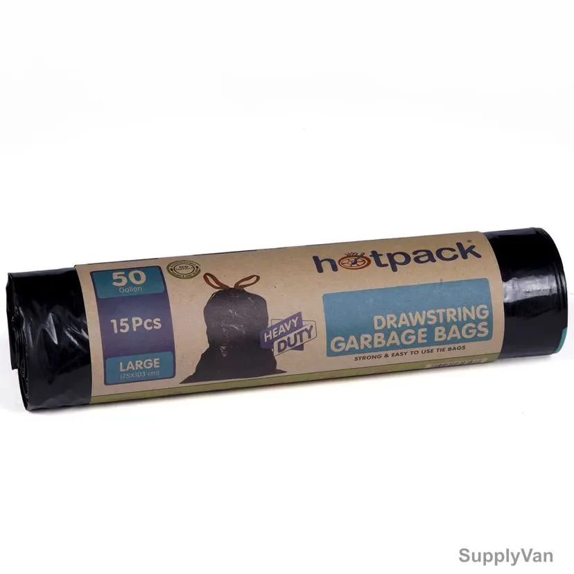 Hotpack Heavy Duty Drawstring Garbage Bag, HSMTBBR90110, 60 Gallon, 90CM Width x 110CM Length, Black, 10 Bags/Roll