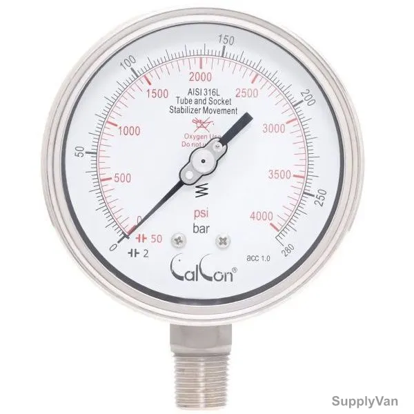 Calcon Oxygen Pressure Gauge, CC1851A, 100MM, 1/2 Inch, NPT, 0-4000 Psi