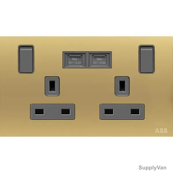 ABB Single Pole Switched Socket With USB Charger, AM235147-MG, Millenium, 2 Gang, 13A, Matt Gold
