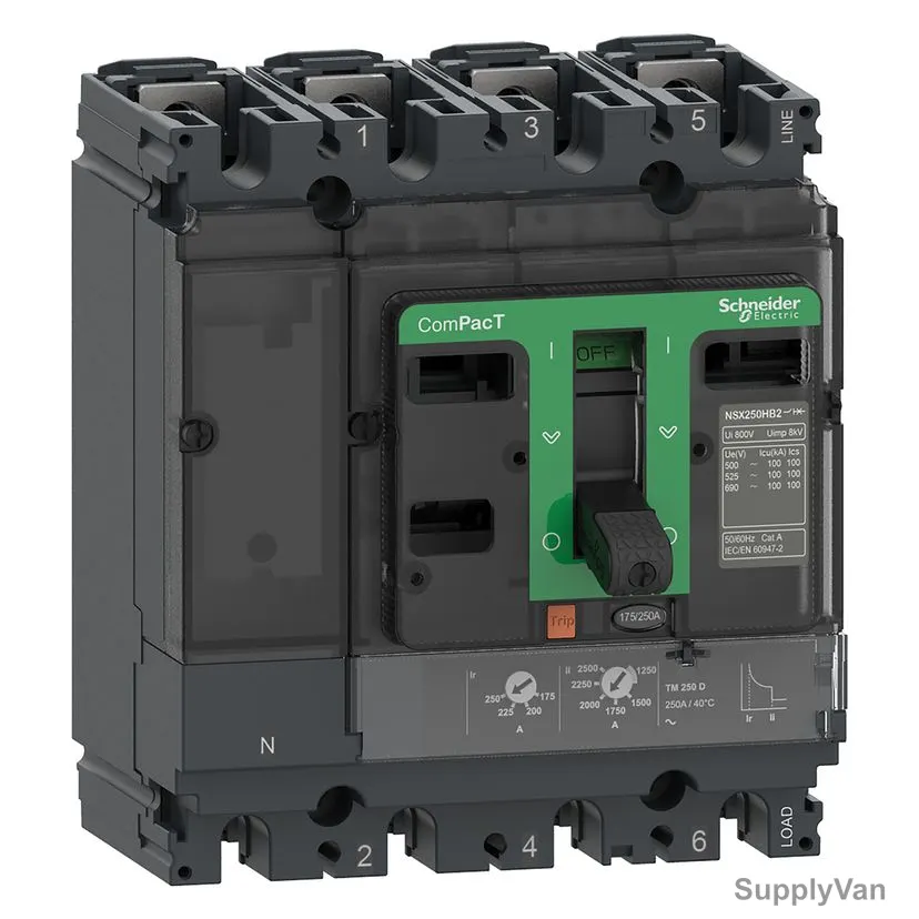 Schneider Electric NSX100B Molded Case Circuit Breaker, C10B6TM080, ComPacT, 4P, 25 kA, 415VAC, 80A