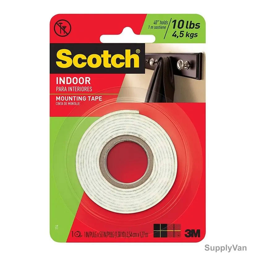 3M Indoor Double Sided Mounting Tape, 114, Scotch-Mount, 1.27 Mtrs x 25MM, White — image 1