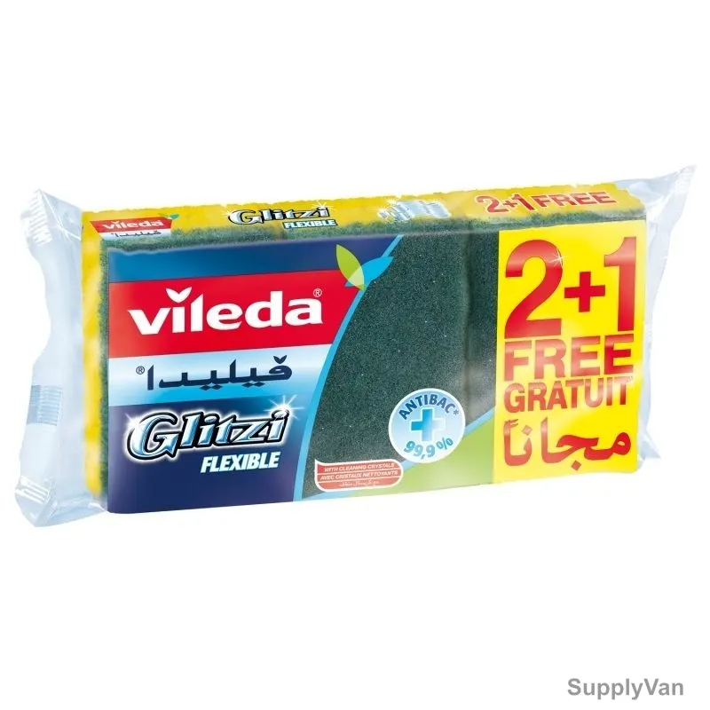 Vileda Dish Washing Scourer, VLSC146350, Glitzi Flexible, Foam, Medium, 2+1 Free