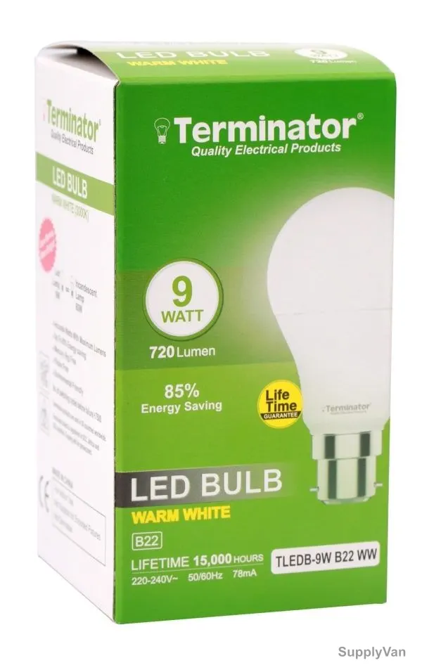 Terminator LED Bulb, TLEDB-9W-B22-WW, 78 mA, 9W, 720 LM
