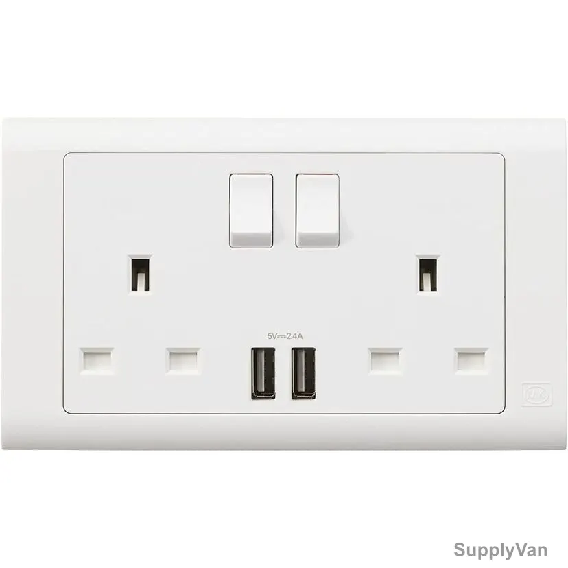 Mk Dual Pole Switch Socket With 2.4A USB Port, MV24344WHI, Essential, Polycarbonate, 2 Gang, 13A, White — image 1