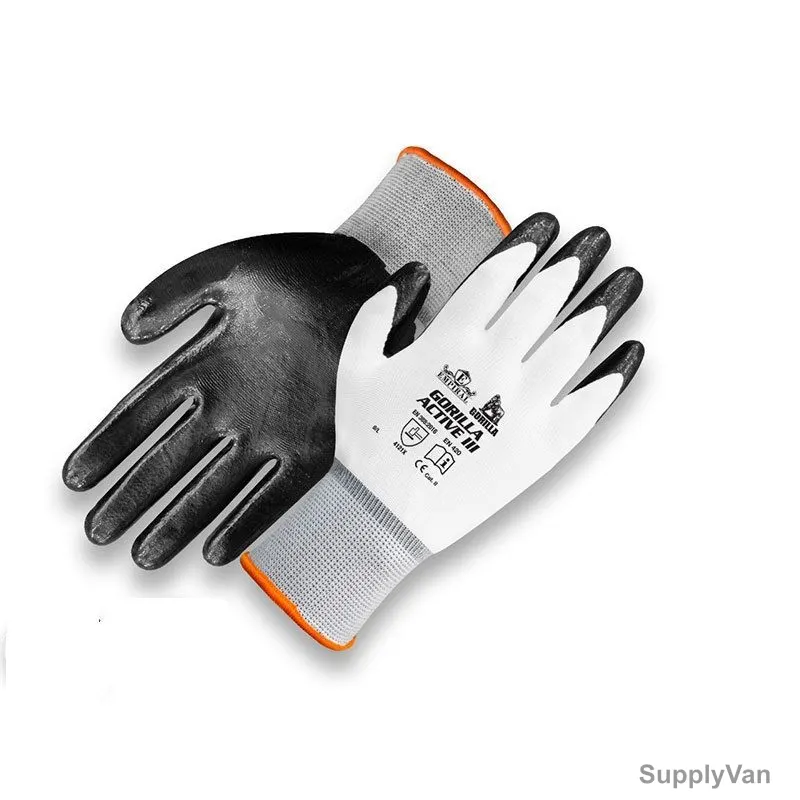 Empiral Nitrile Palm Coated Gloves, Gorilla Active III, 100% Polyester, M, White/Grey