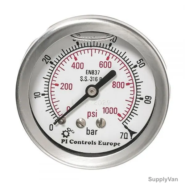 PI Controls Pressure Gauge, PG-63-R70-WF-SS-BK-E, 63MM, 0-70 Bar