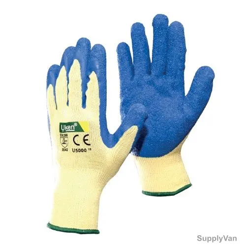 Uken Latex Coated Gloves, U5000, Polyester, Beige/Blue