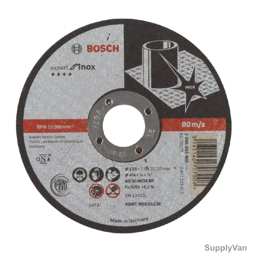 Bosch Straight Inox Cutting Disc, 2608603408, 3MM Thk, 22.23MM Bore Dia x 115MM Dia
