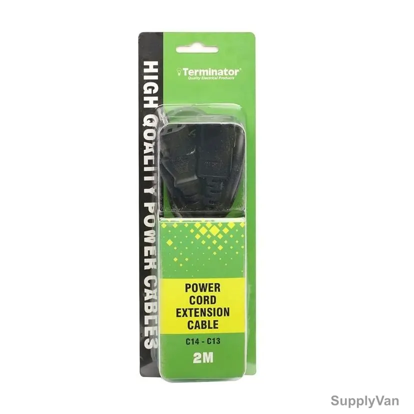 Terminator High Grade Power Extension Cable, Male to Female, 13A, 2 Mtrs Length, Black