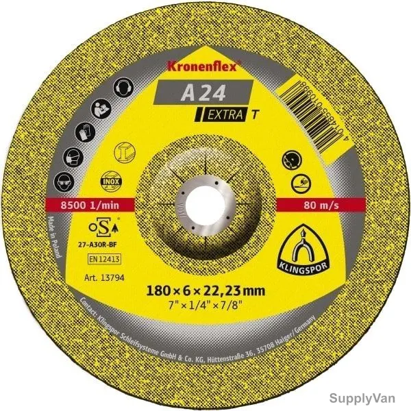 Klingspor Grinding Disc, A24EX-T, Kronenflex, Extra, 6MM Thk, 22.23MM Bore Dia x 180MM Disc Dia