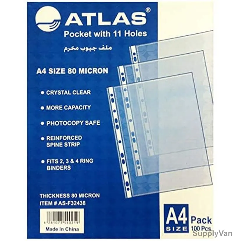 Atlas Pocket Sheet Protector, AS-F32438, A4, 80 Micron, Clear, 100 Pcs/Pack