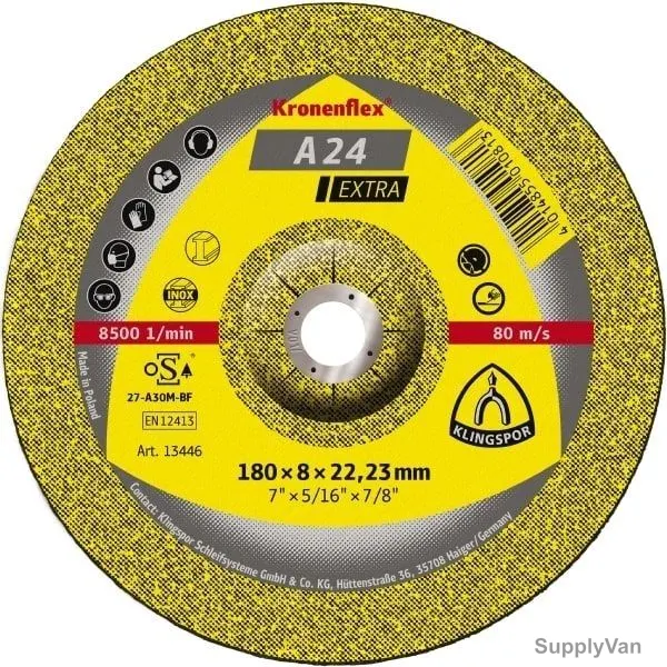 Klingspor Grinding Disc, A24EX, Kronenflex, Extra, 6MM Thk, 22.23MM Bore Dia x 100MM Disc Dia