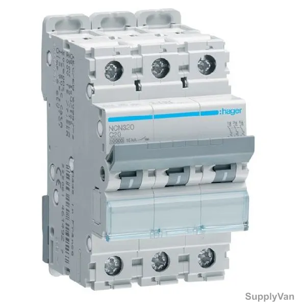 Hager Miniature Circuit Breaker, NCN320N, C Curve, 3P, 20A, 440V