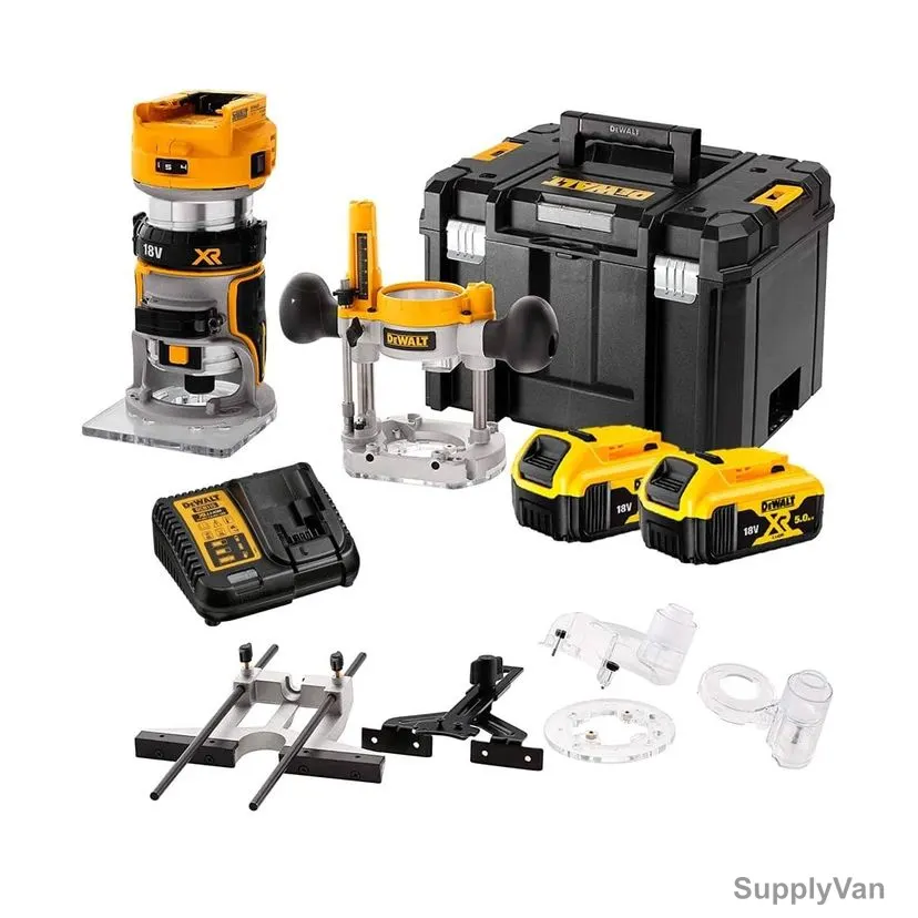 Dewalt Cordless Compact Router With Plunge/Fixed Base, DCW604P2-GB, XR, 18V, 25500 RPM, 2x 5.0 Ah Battery, 1x Charger