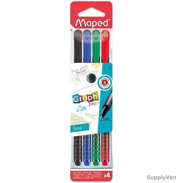 Maped Fineliner Pen, MD-749020, GraphPeps Deco, 0.4MM Tip, Assorted Colors, 4 Pcs/Set