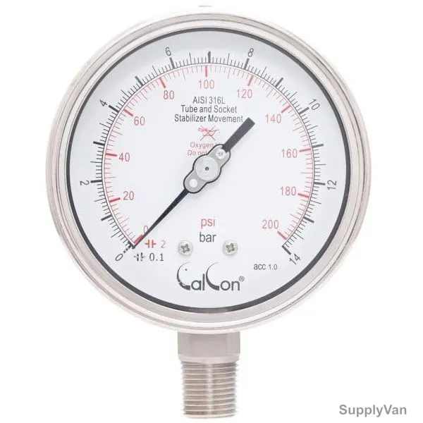 Calcon Oxygen Pressure Gauge, CC1851A, 100MM, 1/2 Inch, NPT, 0-200 Psi
