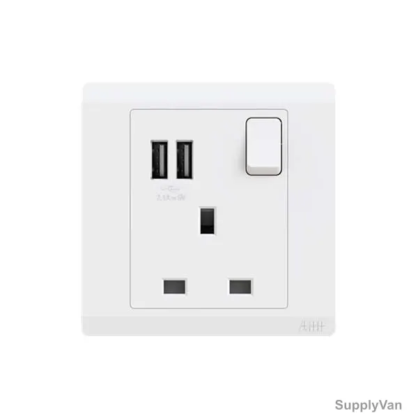 Abb Double Pole Switch Socket With USB, BL261, Inora, 1 Gang, 13A, White — image 1