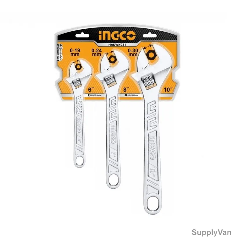 Ingco Adjustable Wrench Set, HADWK031, Drop Forged Carbon Steel, 3 Pcs/Set