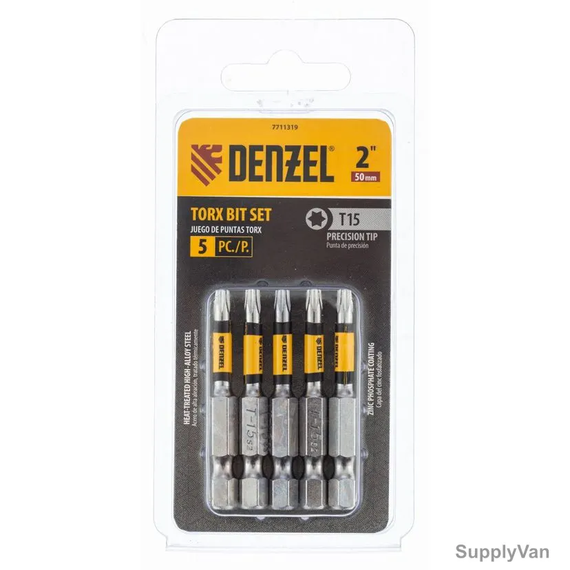 Denzel Torx Screwdriver Bit, 7711319, T15 x 2 Inch, 5 Pcs/Pack