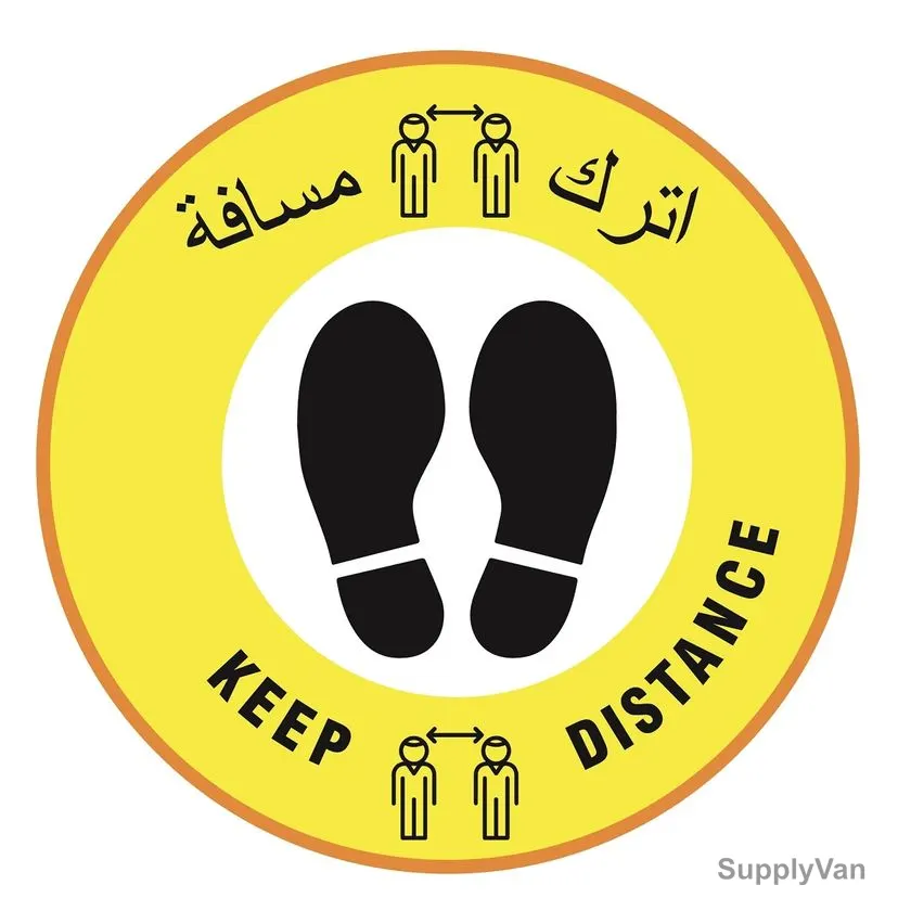 Warrior Keep Distance Social Distancing Sticker, 9151, Yellow, 30CM, English-Arabic, 10 Pcs/Pack — image 1