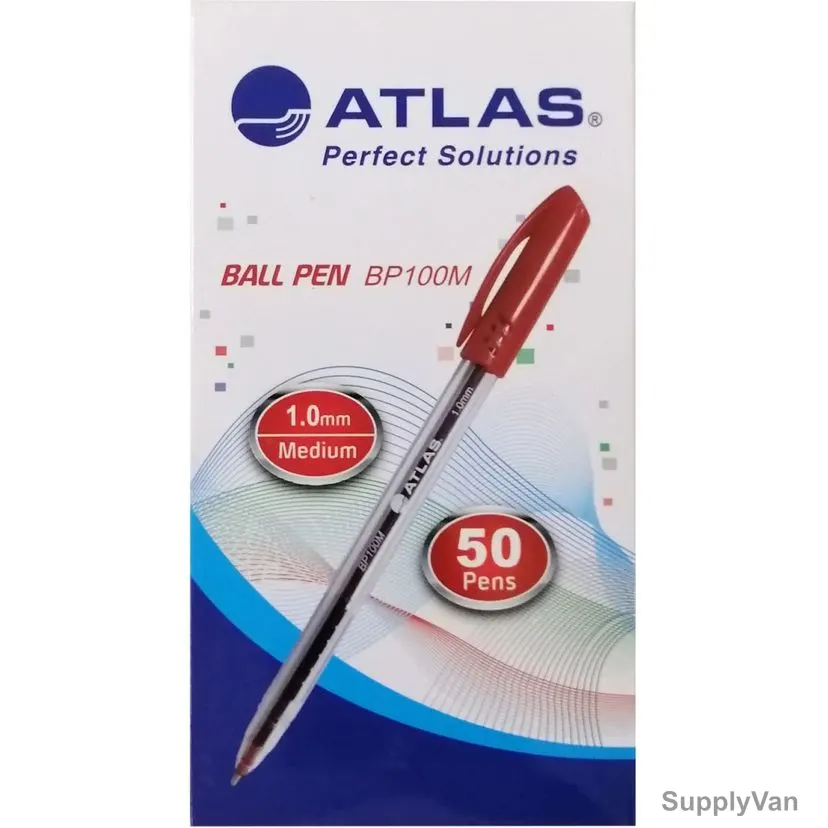 Atlas Ball Point Pen, AS-BP100M-RD-50P, 1.0MM Tip, Red, 50 Pcs/Pack