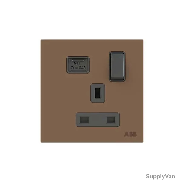 ABB Single Pole Switched Socket With USB Charger, AM23586-MO, Millenium, 1 Gang, 13A, Mocha Brown — image 1