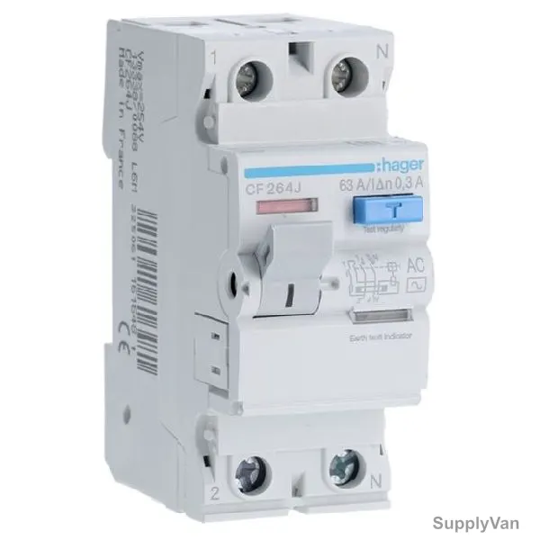 Hager Residual Current Circuit Breaker, CF264J, Type AC, 2P, 300mA, 63A
