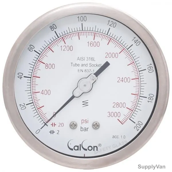 Calcon Pressure Gauge, CC18D, 100MM, 1/2 Inch, NPT, 0-200 Bar